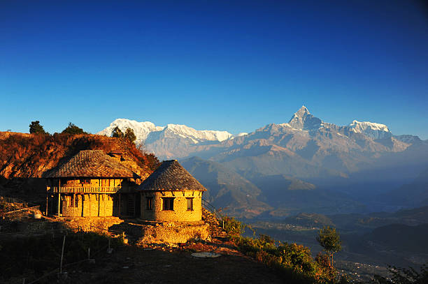 Beautiful morning view of the himalaya house near Annapurna Himalayan mountains when see from Sarangkot village, Pokhara, Nepal